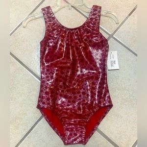Childs Medium (8-10) Red & Silver Metallic Gymnastics Dance Leotard Bodysuit NWT